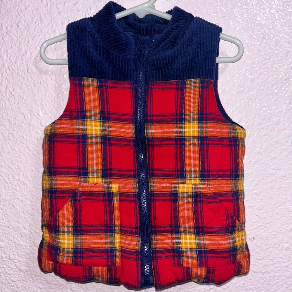 Tahari Red and Blue Plaid Vest with Corduroy Trim